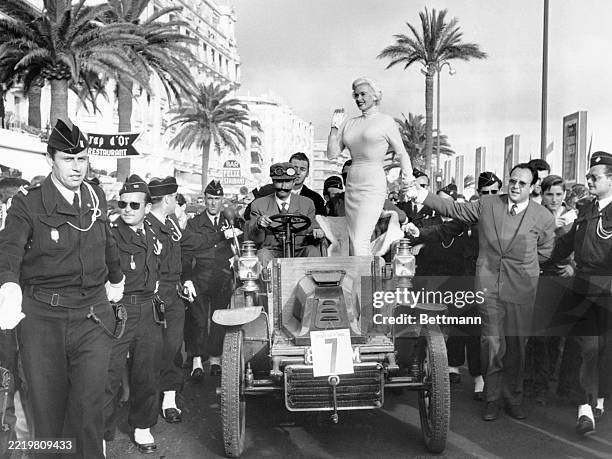 Actor Jayne Mansfield in the Cannes Film Festival parade.