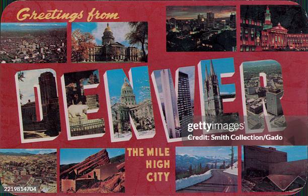 Postcard featuring a collage of notable landmarks and scenic views from Denver, Colorado, United States, highlighting the city skyline, mountains,...