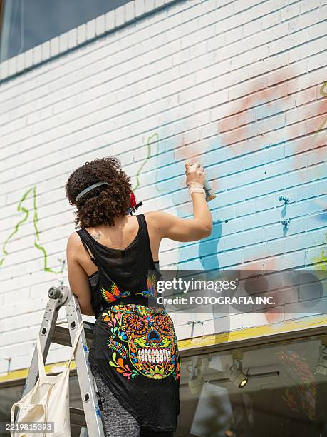 joven mexicana creando mural en la fachada del edificio de la ciudad - mural fotografías e imágenes de stock