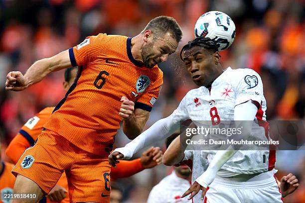 Stefan de Vrij of Netherlands battles for the header with Paul Mbong of Malta during the FIFA 2026 World Cup Qualifier Round One match between...