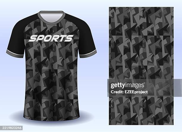 sports jersey design template with abstract pattern. modern geometric pattern sportswear apparel. customizable sublimation t-shirt design. dynamic athletic wear with abstract graphics. jersey - blue polo stock illustrations