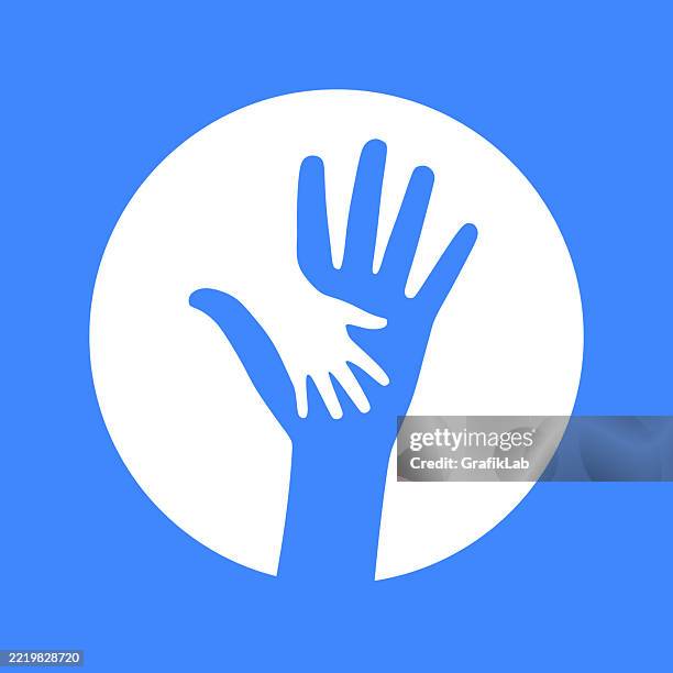 blue icon depicting unity through open and overlapping hand silhouettes - generations hands stock illustrations