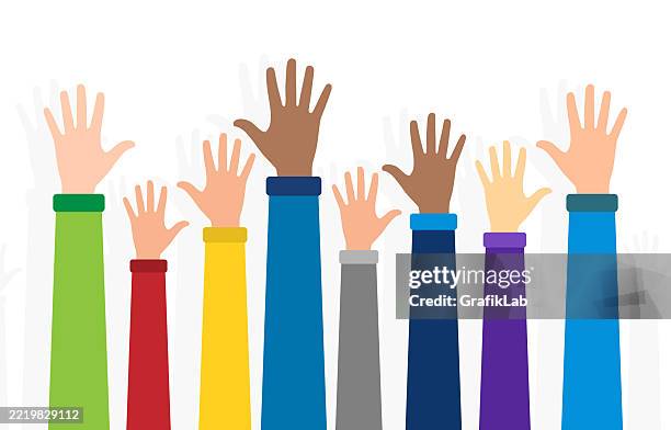 colorful raised hands representing unity, diversity, support, and community engagement - encouragement stock illustrations