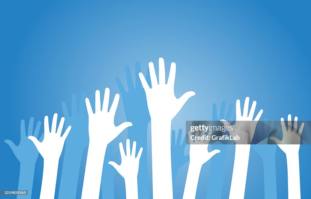 Hands Raised In Unity Group Hands Raised Bright Blue Sky Symbolizing Unity High-Res Vector ...