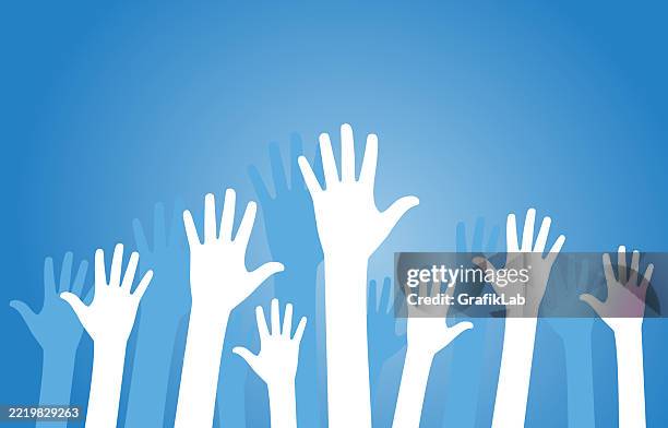 group hands raised bright blue sky, symbolizing unity - unity diversity abstract stock illustrations