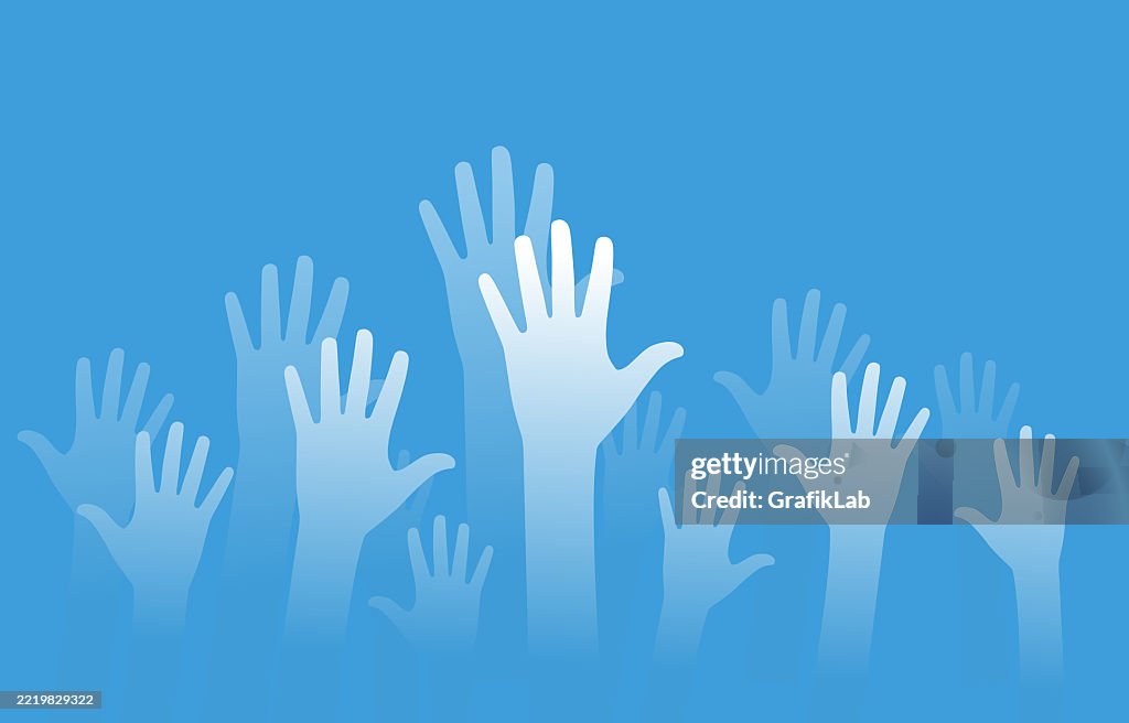 Hands Raised In Unity Hands Raised In Unity In Blue Abstract Background High-Res Vector ...