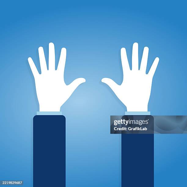 illustration of two raised hands with blue background symbolizing support - hands together vector stock illustrations