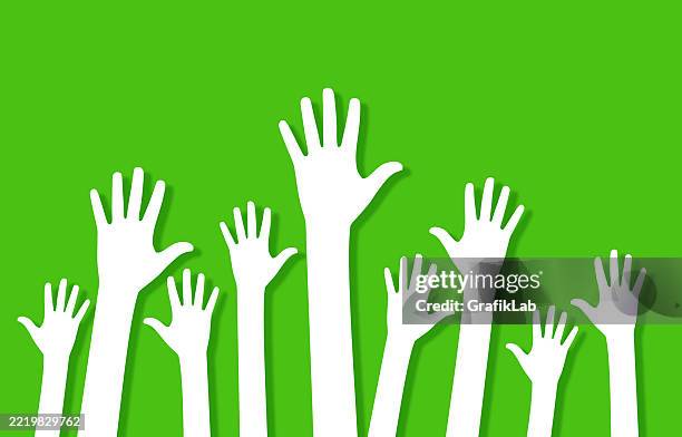 multiple hands raised unison bright green background, symbolizing unity - arm reaching stock illustrations