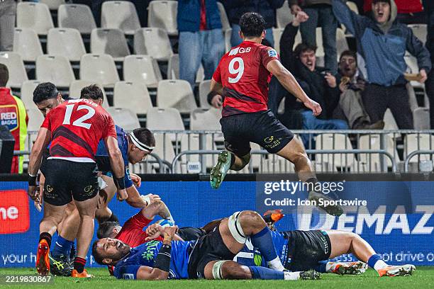 Christchurch, NEW ZEALAND Crusaders player Will Jordan edges over the try line to score a crucial try during the Super Rugby Pacific semi-final...