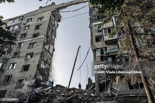 An apartment building is heavily damaged after an overnight drone and missile attack on June 17, 2025 in Kyiv, Ukraine. Ukrainian authorities said at...
