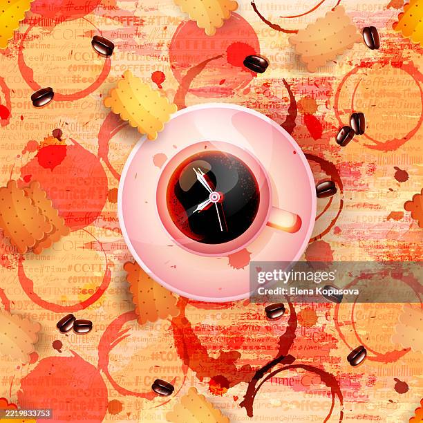 coffee time in realistic style. coffee mug with clock hands on grunge abstract retro background with cookies. stylish vector abstract pattern, seamless background. - coffee splash stock illustrations