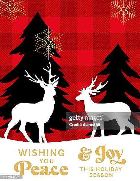plaid christmas banner with white cut paper deer & golden snowflakes - cut paper scene stock illustrations