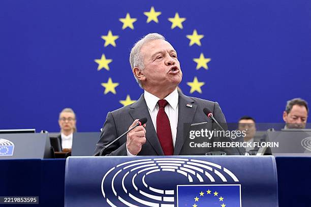 Jordanian King Abdullah II addresses members of European Parliament during a formal sitting in Strasbourg, eastern France, on June 17, 2025.