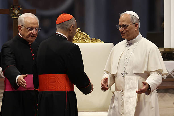 Leo XIV greets bishops and cardinals at the end of the audience. Pope Leo XIV led the audience for the Jubilee of Sport at the central altar of St....
