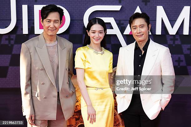 Lee Jung-Jae, Park Gyu-young and Lee Byung-hun attend the "Squid Game" Season 3 UK Premiere at The Barbican on June 12, 2025 in London, England.