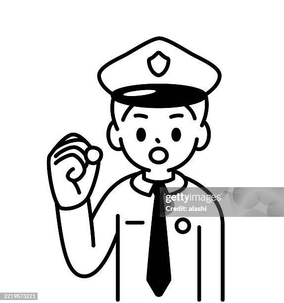 ein junger polizist, der mit der faust fuchtelt, redet ernst, schaut den betrachter an und macht ein starkes argument oder eine erklärung. vorderansicht, schwarzer umriss mit flachen farben, minimalistischer stil - datenschutz grundverordnung stock-grafiken, -clipart, -cartoons und -symbole