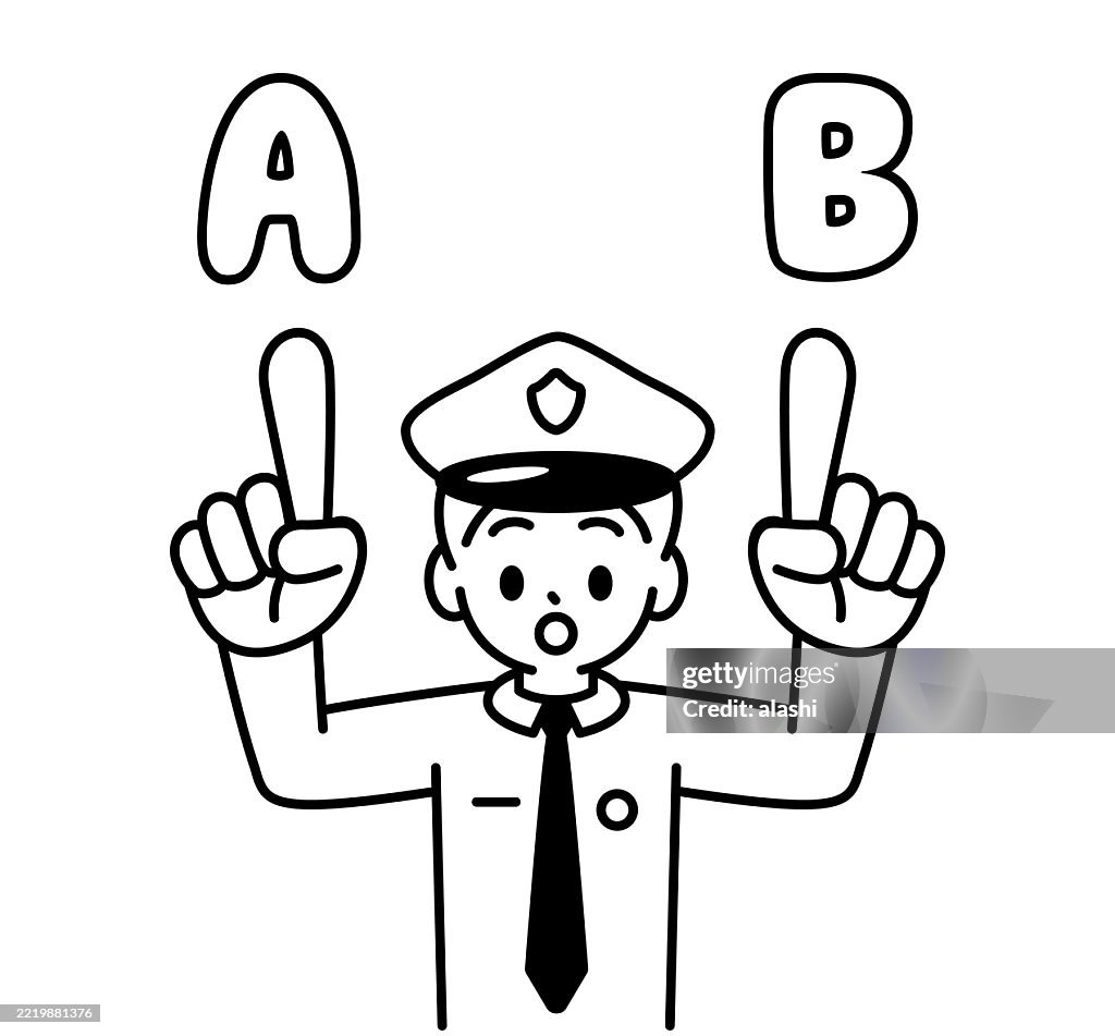 A young police officer raises both hands, pointing upwards with his index finger, showing two options with A and B, talking and asking, looks at the viewer. Front view, black outline with flat colors, minimalist style