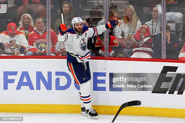 Leon Draisaitl of the Edmonton Oilers celebrates after scoring during overtime to beat the Florida Panthers 5-4 in Game Four of the 2025 Stanley Cup...