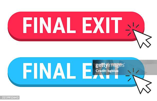 final exit - red and blue buttons with cursor on white background - walking away from computer stock illustrations