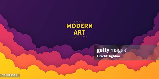 orange sky with couds - paper cut background - trendy 3d design - papercutting stock illustrations