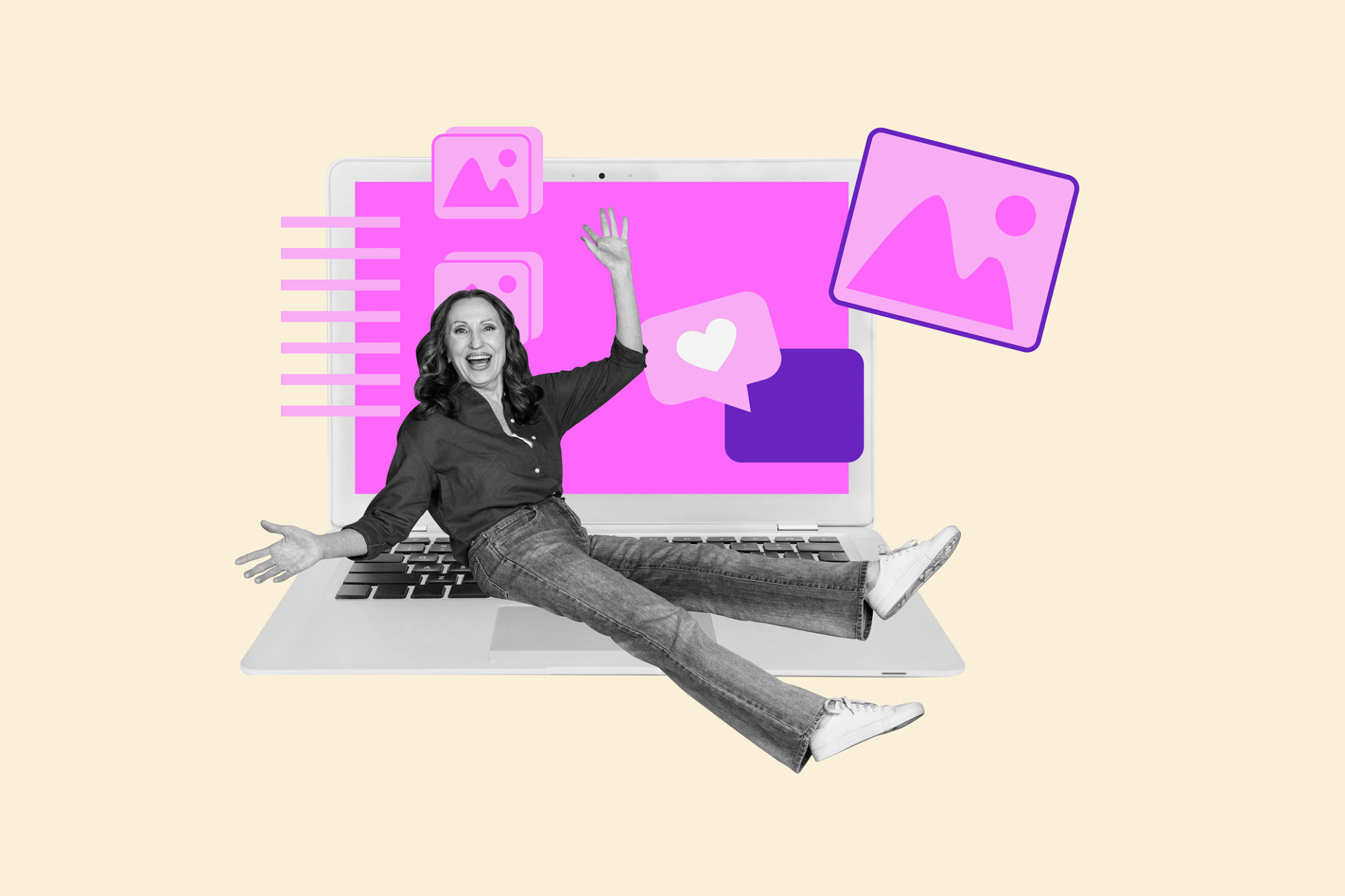 Full 3d poster collage of happy blogger girl guy stand laptop device screen notification like reaction post popular content Full 3d poster collage of happy blogger girl guy stand laptop device screen notification like reaction post popular content