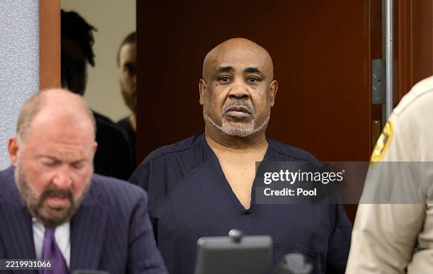 Duane "Keffe D" Davis enters a courtroom in Clark County District Court for a trial readiness status check at the Regional Justice Center on June 17,...