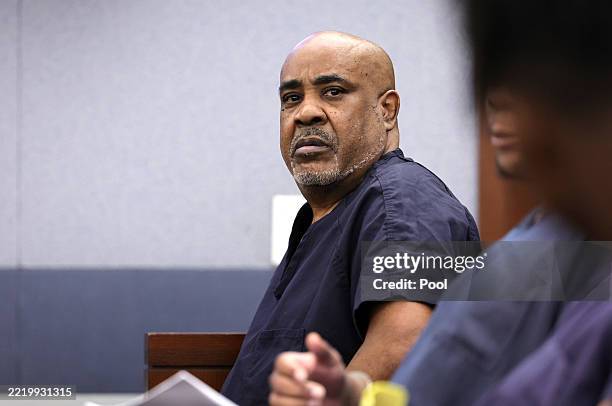 Duane "Keffe D" Davis appears in Clark County District Court for a trial readiness status check at the Regional Justice Center on June 17, 2025 in...
