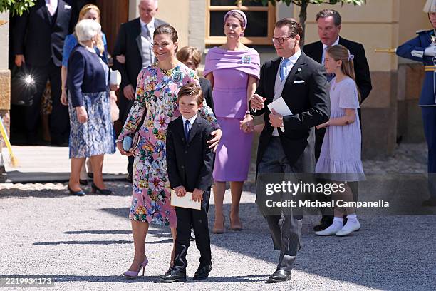 Crown Princess Victoria of Sweden, Prince Oscar of Sweden and Prince Daniel of Sweden leave after the christening of Princess Ines of Sweden at the...