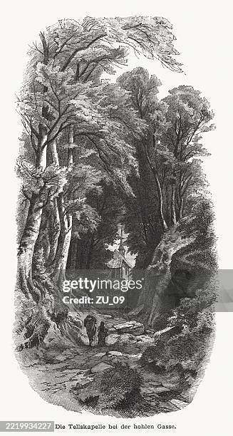 tell's chapel and hohle gasse (küssnacht, switzerland), woodcut, publshed 1876 - hollow stock illustrations