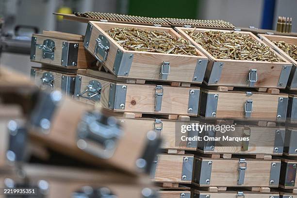 Wooden boxes with small caliber ammunition are seen during the opening of Mesko SA's New Ammunition Production Hall on June 13, 2025 in...