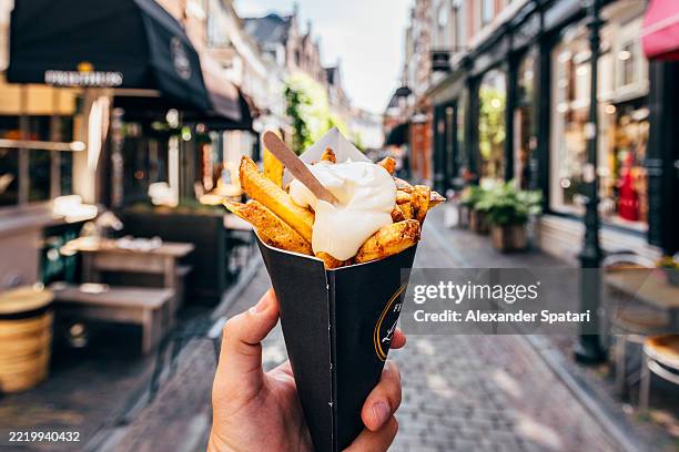 eating pommes frites (belgian french fries) with mayonnaise, personal perspective pov, amsterdam, netherlands - mayonnaise stock pictures, royalty-free photos & images