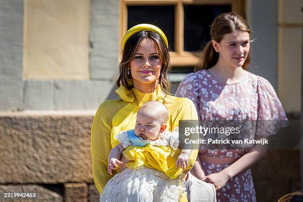 Princess Sofia of Sweden, Princess Ines of Sweden and Princess Estelle leave the chapel after the christening of Princess Ines of Sweden at the...