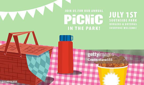 picnic basket web banner with a plaid blanket - picnic blanket basket stock illustrations