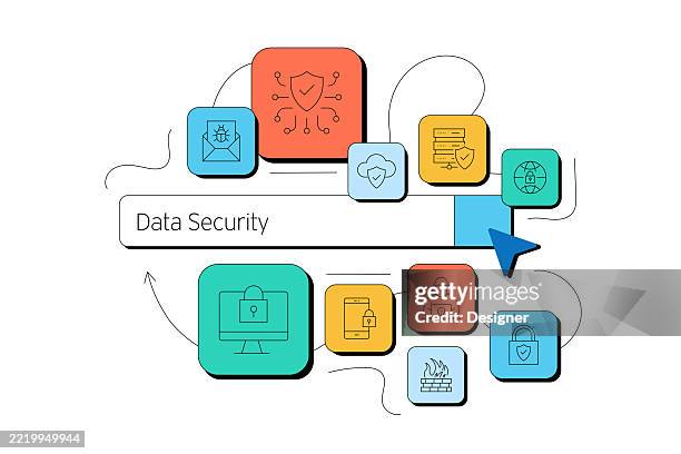 data security related vector illustration. privacy, cyber, protection, password, information, access, firewall - robot attack illustration stock illustrations