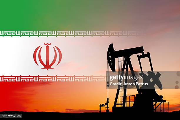 oil pump with iranian flag in the background - iran bildbanksfoton och bilder