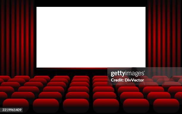 ilustraciones, imágenes clip art, dibujos animados e iconos de stock de sala vacía de cine con pantalla blanca brillante - presentación de la película