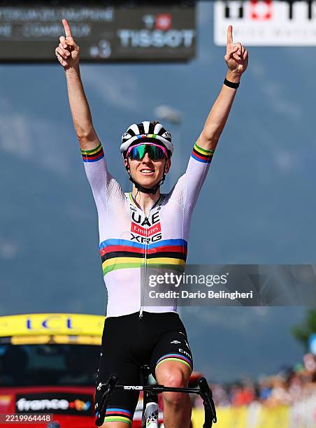 Tadej Pogacar of Slovenia and UAE Team Emirates - XRG celebrates at finish line as stage winner during the 77th Criterium du Dauphine 2025, Stage 6 a...