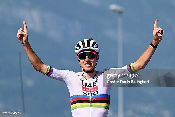 Tadej Pogacar of Slovenia and UAE Team Emirates - XRG celebrates at finish line as stage winner during the 77th Criterium du Dauphine 2025, Stage 6 a...