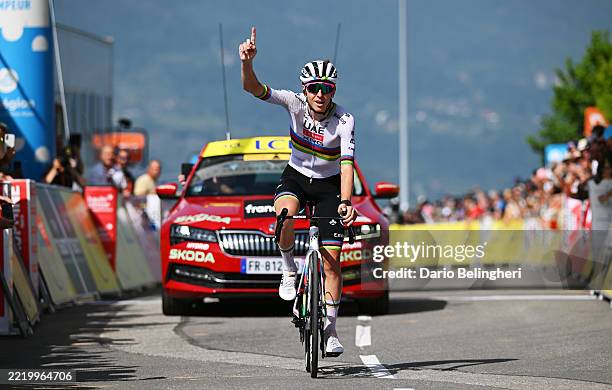 Tadej Pogacar of Slovenia and UAE Team Emirates - XRG celebrates at finish line as stage winner during the 77th Criterium du Dauphine 2025, Stage 6 a...