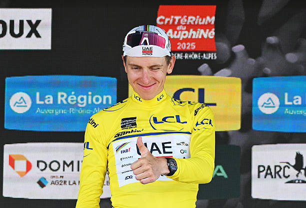 Tadej Pogacar of Slovenia and UAE Team Emirates - XRG celebrates at podium as Yellow leader jersey winner during the 77th Criterium du Dauphine 2025,...