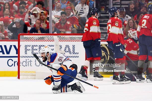 Jake Walman of the Edmonton Oilers celebrates his third period goal against the Florida Panthers during Game Four of the 2025 NHL Stanley Cup Final...
