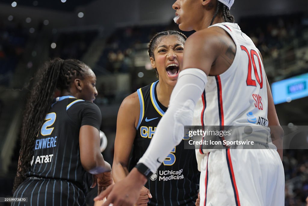 Chicago Roses Wnba Angel Reese of the Chicago Sky reacts after a play during the second ...