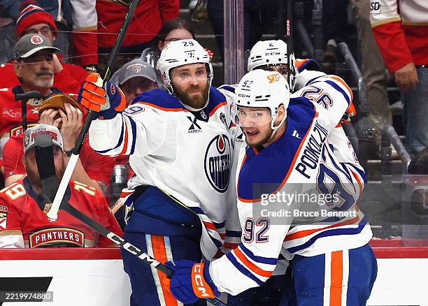 The Edmonton Oilers celebrate the game winning goal in overtime by Leon Draisaitl against the Florida Panthers during Game Four of the 2025 NHL...