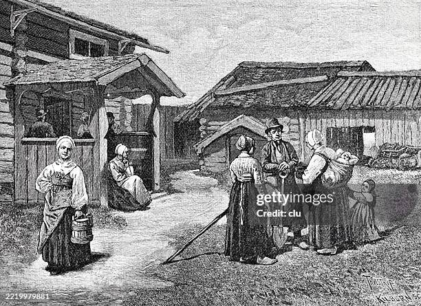 bildbanksillustrationer, clip art samt tecknat material och ikoner med dalarna, sweden, farm yard get together - dalarna