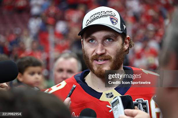 Florida Panthers left wing Matthew Tkachuk talks to reporters following game six of the Stanley Cup Final between the Edmonton Oilers at the Florida...