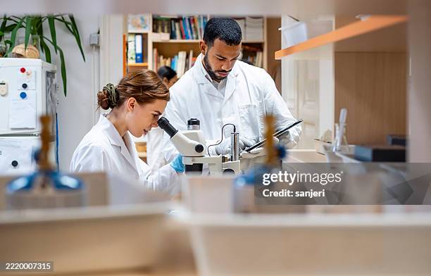 young scientists in white lab coats examining specimens through research microscope at university laboratory - genomics stock pictures, royalty-free photos & images