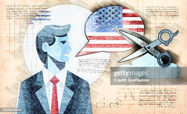 businessman speaking while scissors cutting a speech bubble with american flag as metaphor for censorship - us constitution stock illustrations
