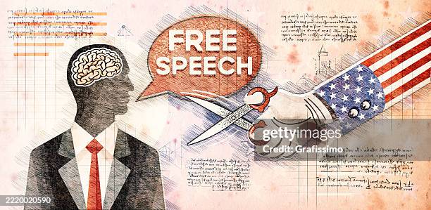 businessman speaking while scissors cutting a speech bubble with american flag as metaphor for censorship - protester stock illustrations