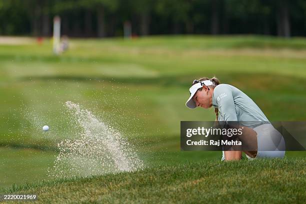 Emily Kristine Pedersen of Denmark plays a shot out of a bunker on the 17th hole during the second round of the Meijer LPGA Classic for Simply Give...