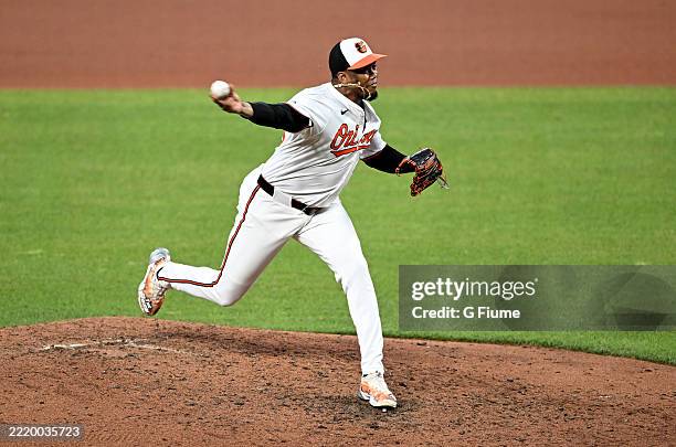 Yennier Cano of the Baltimore Orioles pitches against the Detroit Tigers at Oriole Park at Camden Yards on June 10, 2025 in Baltimore, Maryland.